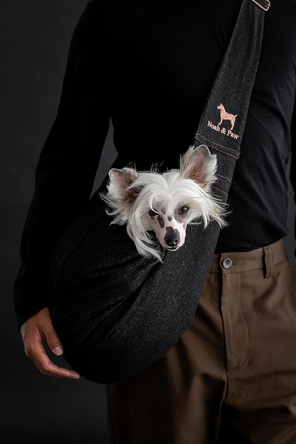 Noah & Paw Dog Sling Carrier for Small Dogs 3-10lb, Dog Sling for Small Dogs and Cats, Dog Carrier with Adjustable Padded Strap, Premium Denim, Lined with Fur, Double Safety Feature, Machine Washable