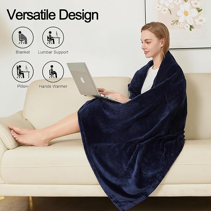 Travel Blanket Pillow, Premium 2 in 1 Flannel Airplane Blanket Compact for Travel,Office, Home,Travel Essentials Accessories for Plane and Car,Compact Office Blanket (Blue)