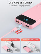 Portable Charger, 10000mAh 22.5W Fast Charging Power Bank with 4 Built-in Cables, Travel Essentials Battery Pack with LED Display, 6 Outputs Charging Bank Compatible with iPhone, iPad, Samsung Pink