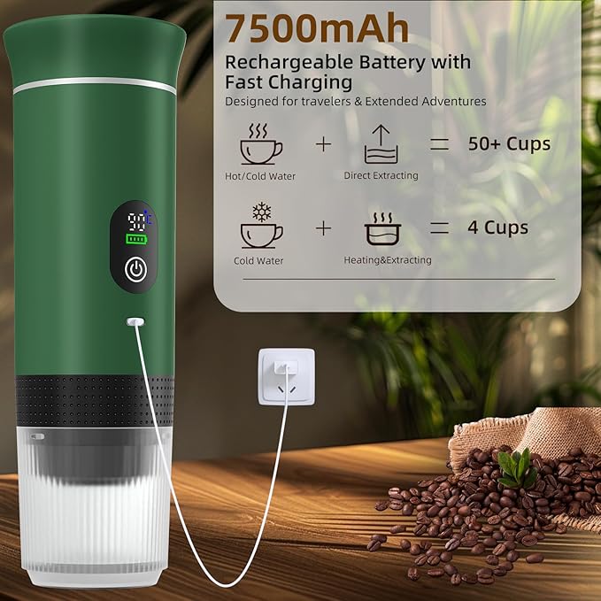 Portable Coffee Maker for Travel & Camping, Portable Espresso Maker with Bag, Rechargeable Cordless Battery Operated Coffee Makers for Ground Coffee, NS Capsule RV, Hiking, Office(Green)