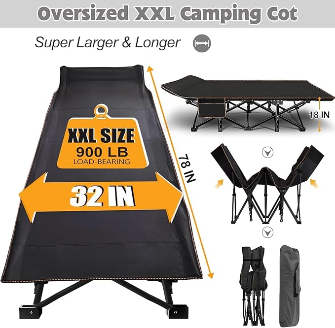 ABORON XXL Camping Cot with 2in Memory Foam Mattress, 900LBS Heavy Duty Sleeping Cot for Adults, Extra Wide Sleeping Cot, 1200D Double Layer Oxford Cot for Camping, Guest, Office Nap