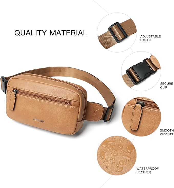 LATMAP 2L Fanny Packs Everywhere Belt Bag Small Fashion Crossbody Waist Pack Faux Leather Waterproof Sling Chest Bag For Women Tan
