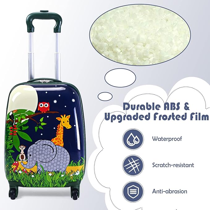 BABY JOY 2 PC Kids Luggage, 16" Toddlers Carry-on Suitcase & 12” Backpack Set, Children Travelling Case w/ 4 Casters & Retractable Handle, Lightweight Trolley Case for Boys & Girls (Elephant)