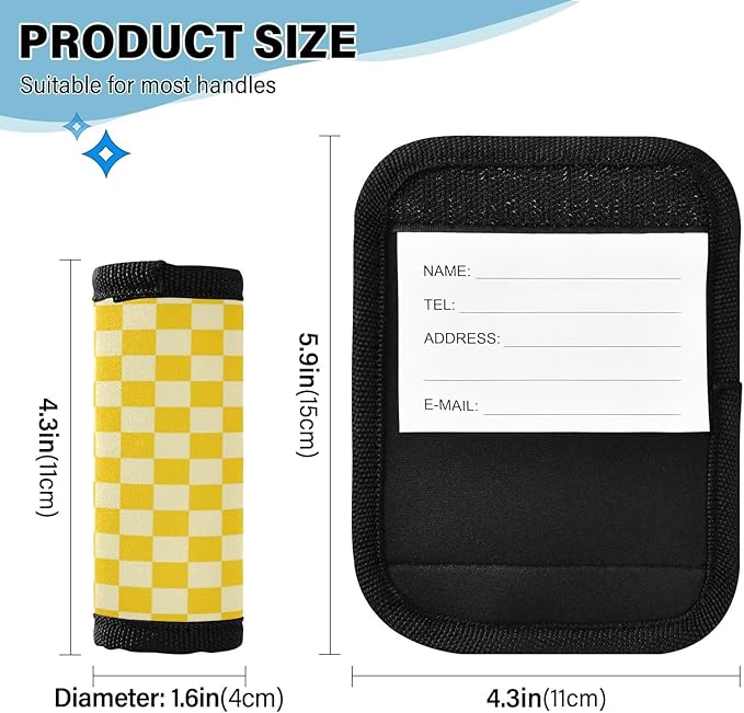 2Pcs Luggage Handle Wrap Suitcase Identifier Handle Covers Tags Soft Travel Bags Luggage Handle Gripper Accessories for Airplane Flying Checkered Yellow