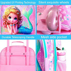 2Pcs Kids Suitcase for Girls, Carry on Rolling Luggage with Wheels, Mermaid Travel Suitcases Set with Toddler Backpack(Pink)