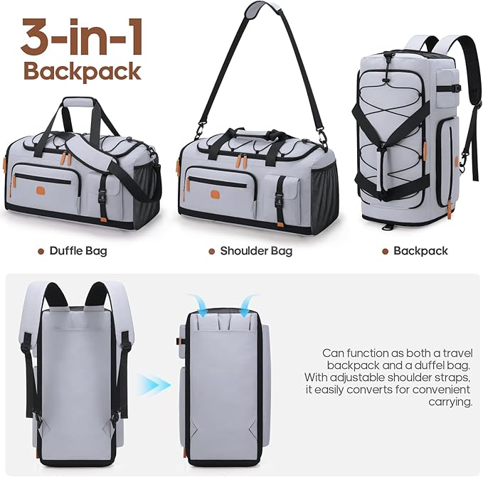 Gym Bag for Men and Women with Shoe & Laptop Compartment, 3-in-1 Sports Travel Duffel Bag Anti-Theft Weekender Carry-on Backpack for Airplane & Workout, Overnight Travel Bag, 35L, Light Grey, Medium