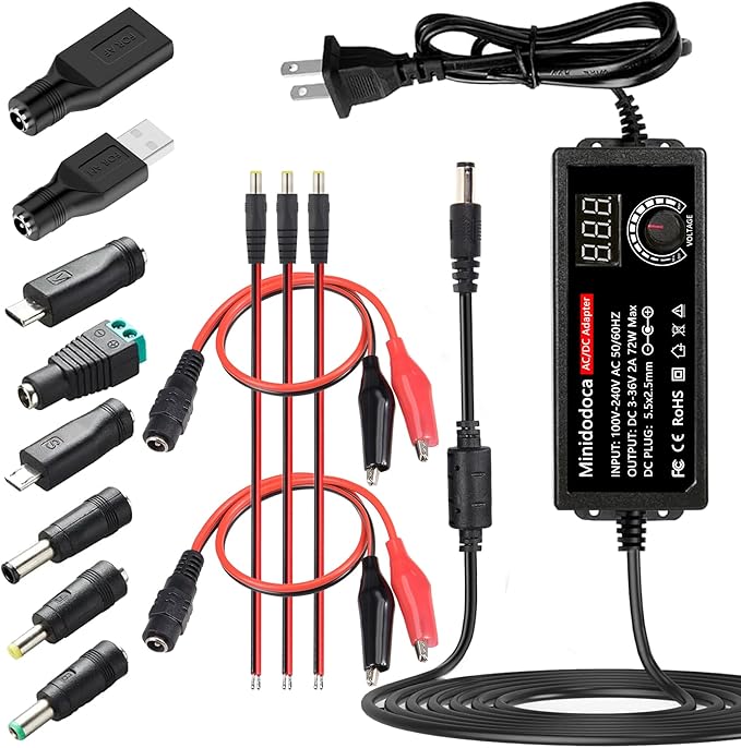 72W Power Supply Adjustable DC 3V ~ 36V Variable Universal Switching AC/DC Adapter Minidodoca AC to DC Converter with LED Voltage Display and 13 Tips, for 3V to 36V Household Electronics - 2000mA Max