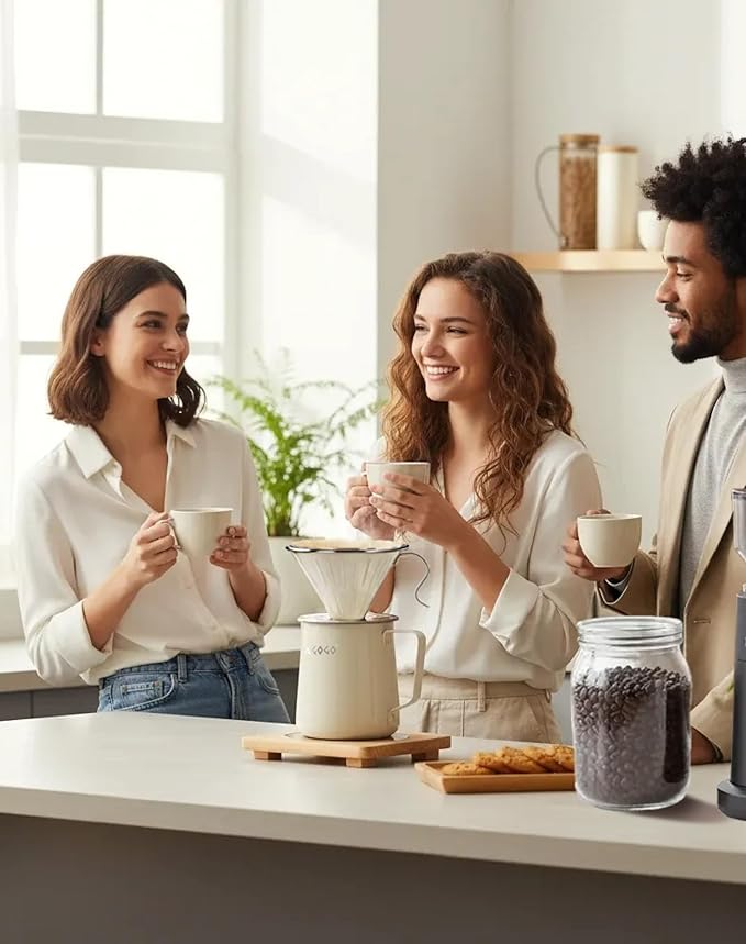 AGOGO Pour Over Coffee Maker Set - Unbreakable 304 Stainless Steel V60 Dripper & Server for Camping & Home, Includes 50 Paper Filters & Barista Towel - Cream White - 20oz
