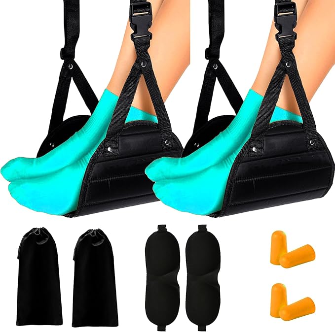 Airplane Foot Hammock for Plane Travel, Adjustable Footrest with 3 Height Positions, Soft Memory Foam Leg Support for Long Flights, Travel Foot Rest with Eye Mask & Earplugs