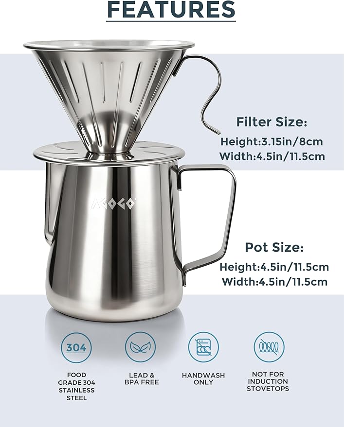AGOGO Pour Over Coffee Maker Set - Unbreakable 304 Stainless Steel V60 Dripper & Server for Camping & Home, Includes 50 Paper Filters & Barista Towel - Silver - 20oz