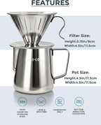AGOGO Pour Over Coffee Maker Set - Unbreakable 304 Stainless Steel V60 Dripper & Server for Camping & Home, Includes 50 Paper Filters & Barista Towel - Silver - 20oz