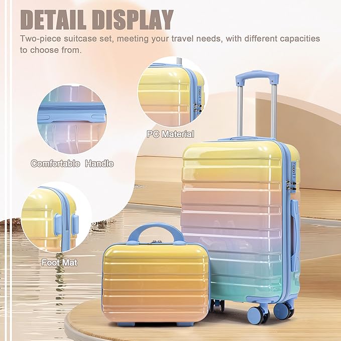 Kids Luggage Sets for Girls, 2 Piece Luggage Set, 20 Inch Rotating Wheel Suitcase with 14 Inch Cosmetic Case, Lightweight Hardshell Suitcase with 360° Spinner Wheels for Travel (Blue+Yellow)