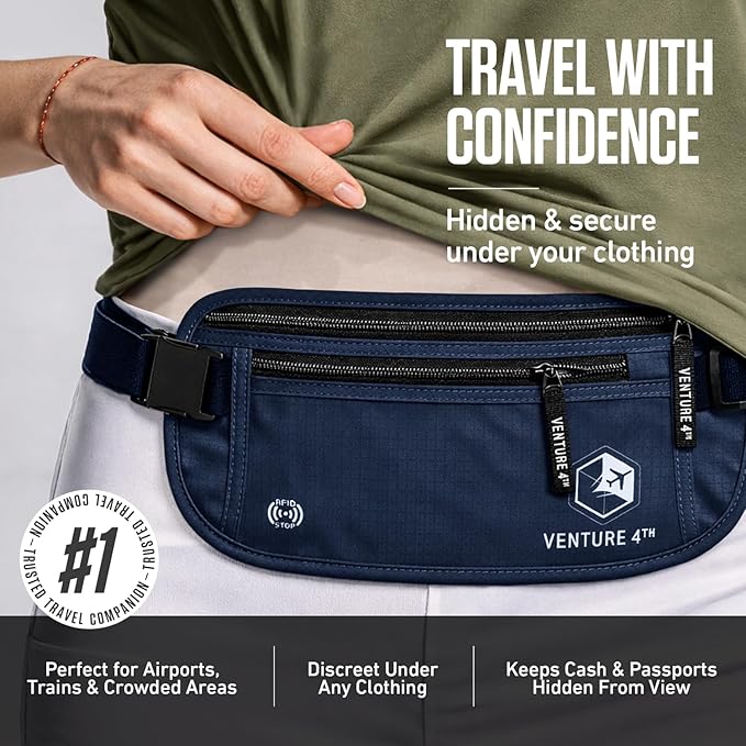 VENTURE 4TH Money Belt for Travel – Slim Hidden Under-Clothes RFID Blocking Anti-Theft Passport Holder & Travel Wallet Pouch for Men & Women to Protect Cash, Cards & Documents (Navy Blue)