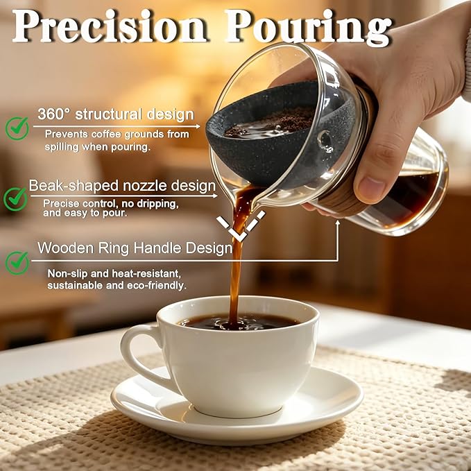 Glass Pour Over Coffee Maker Set, Drip Coffee Maker, No Paper Filters Needed, Heat-resistant Borosilicate Glass with Ceramic Coffee Filter, Easy to Clean, Ideal for Home, Office & Outdoor Camping