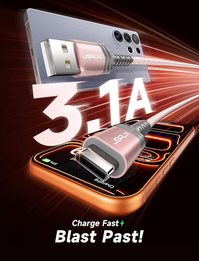 JSAUX USB C Cable Fast Charging, 3-Pack (10ft+6.6ft+3.3ft) USB A to Type C Charge Cord for iPhone 17/17 Pro/17 Pro Max, iPhone 16/16 Pro/16 Pro Max, Samsung Galaxy S24 S22 S20, USB C Charger(Pink)