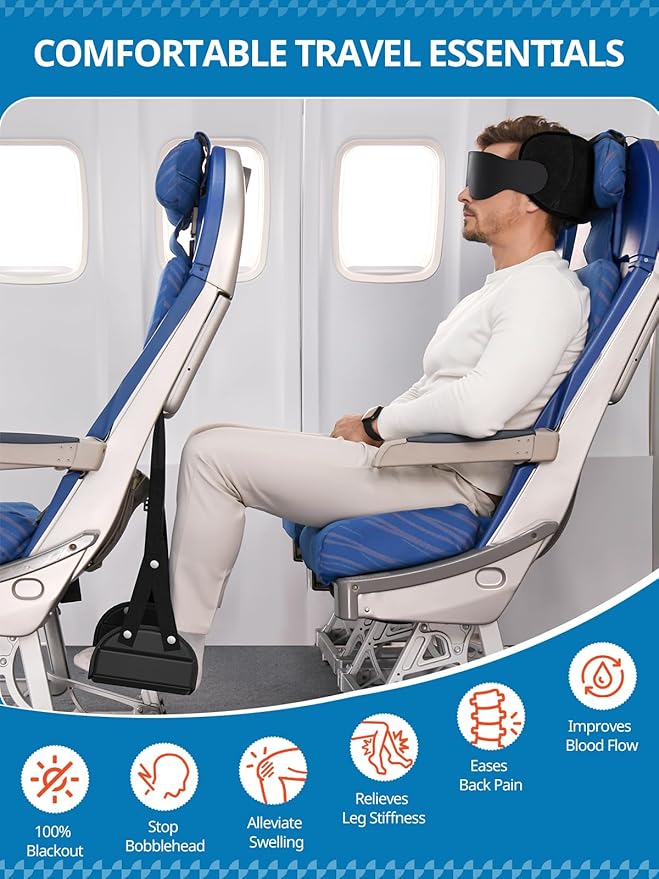 SARISUN Travel Pillow Airplane Foot Hammock Set, Airplane Pillows with 3D Eye Mask for Sleeping, 360° Support Plane Head Strap, Long Flights Essentials, Stop Bobblehead and Travel Foot Rest Leg Relief
