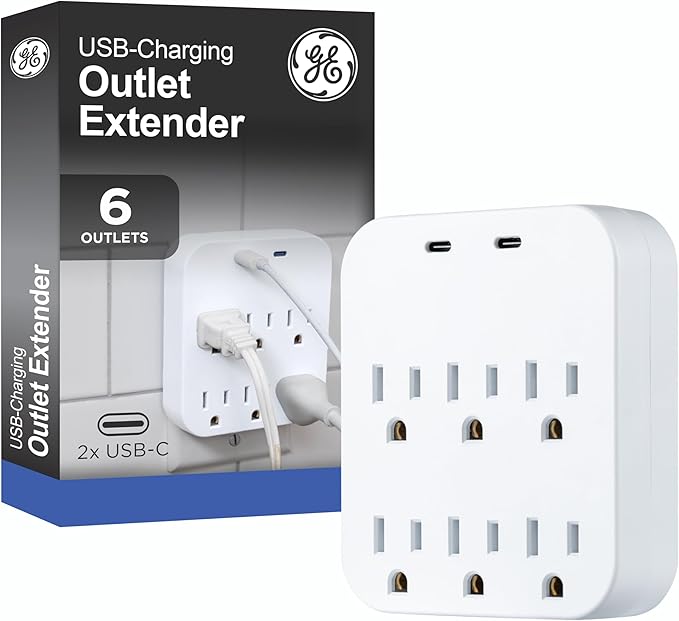GE 6-Outlet Grounded Tap, Grounded Adapter, Outlet Splitter, Charging Station, 3-Prong, Plug Adapter, Cruise Essentials, ETL Listed, 2 USB-C, 12W, Wall Tap, White - 85851