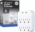 GE 6-Outlet Grounded Tap, Grounded Adapter, Outlet Splitter, Charging Station, 3-Prong, Plug Adapter, Cruise Essentials, ETL Listed, 2 USB-C, 12W, Wall Tap, White - 85851