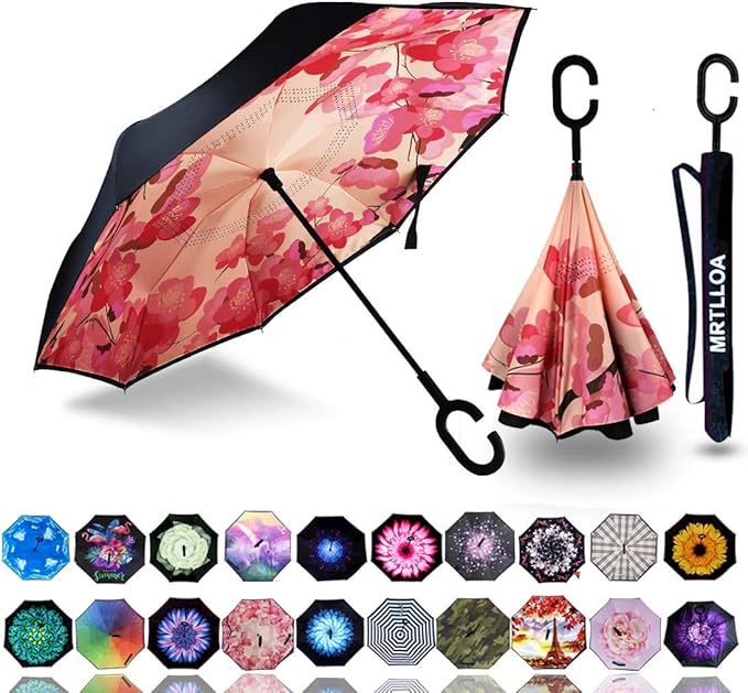 MRTLLOA 40/49/56 Inch Oversize Windproof Inverted Reverse Upside Down Umbrella, Golf Size Rain Umbrella, Double Layer, C-Shaped Handle for Men, Women and Kids