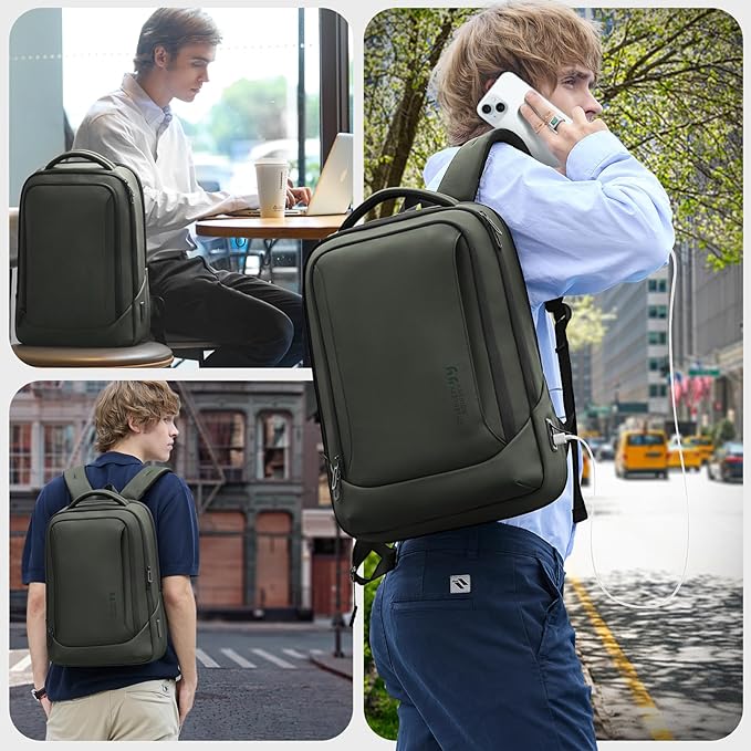 hk Laptop Backpack for Men with USB Charging Port Water-Resistant for 15.6 Inch Computer Bag Durable High-Tech Daypack Casual Backpack for Business Work College Weekender Travel- Green