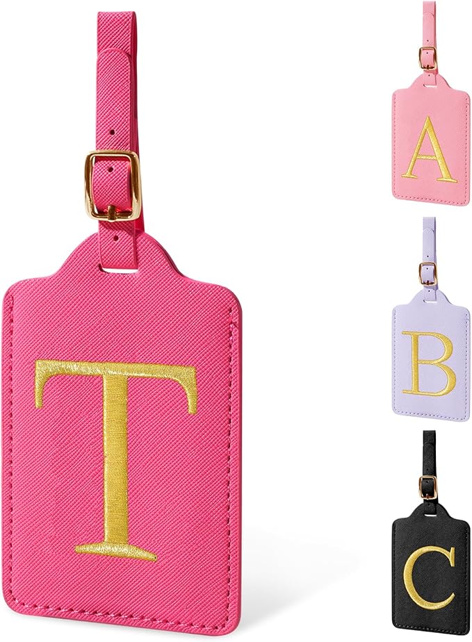Personalized Initial Luggage Tags for Suitcase, Rose Red Leather Cute Luggage Tags with Privacy Cover Name Card, Embroidered Custom Monogram Tags Travel Backpack Tag Gifts for Women Kids(T)