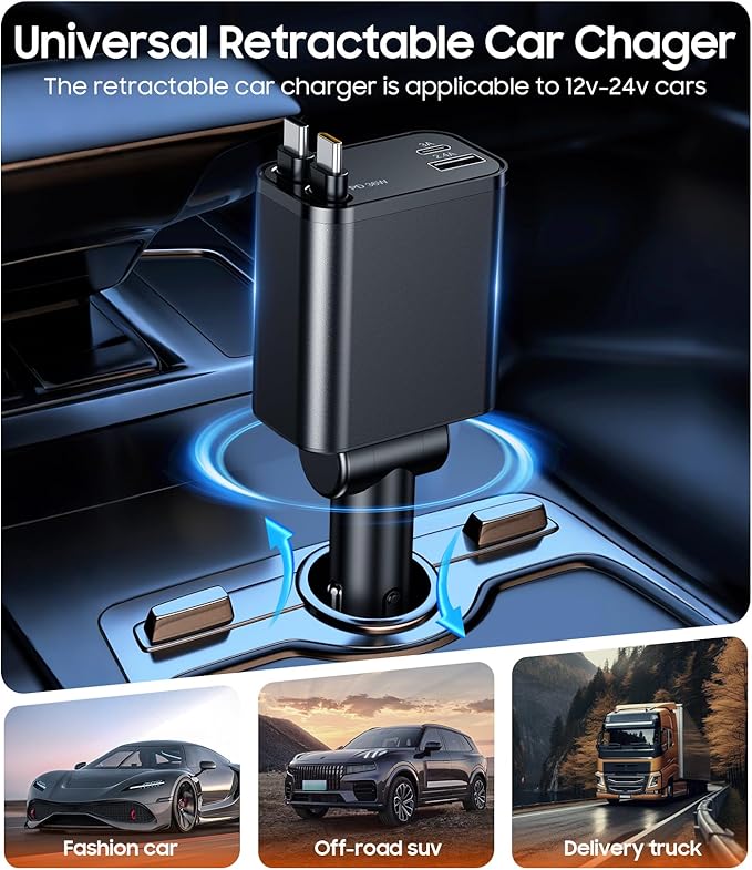 Retractable Car Charger, 4 in 1 Fast Charger USB C Car Truck Accessories, Travel Essentials Gifts for Women Men, Car Accessories for iPhone 17 Pro Max Air 16 15 14 13 Plus,Galaxy,Pixel-Black