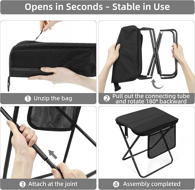 Portable Folding Camp Stool with Side Pocket, Taller Foldable Camping Stool for Adults, Metal Backpacking Stool Lightweight Mini Folding Chair, Compact Camping Seat Travel Fishing Hiking Mobile Chair