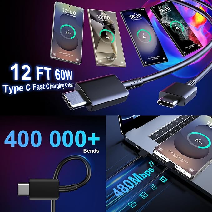 USB C Android Charger Fast Charging Cord, Super Fast Phone Chargers 12FT C to C Type Cable with 25W USBC Wall Block for Samsung Galaxy S26 S25 S24 Ultra Plus/S23/S22/S21/S20/Note 20/10, Black