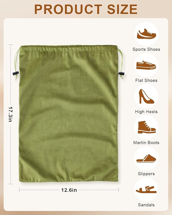 FantasyLife Shoe Bags for Travel, Washable Dust Bags for Storage & Packing, Flannel Shoe Pouch with Drawstring Closure for Purses, Handbags, Shoes & Toys (4, Sage Green, 17.3"x12.6")