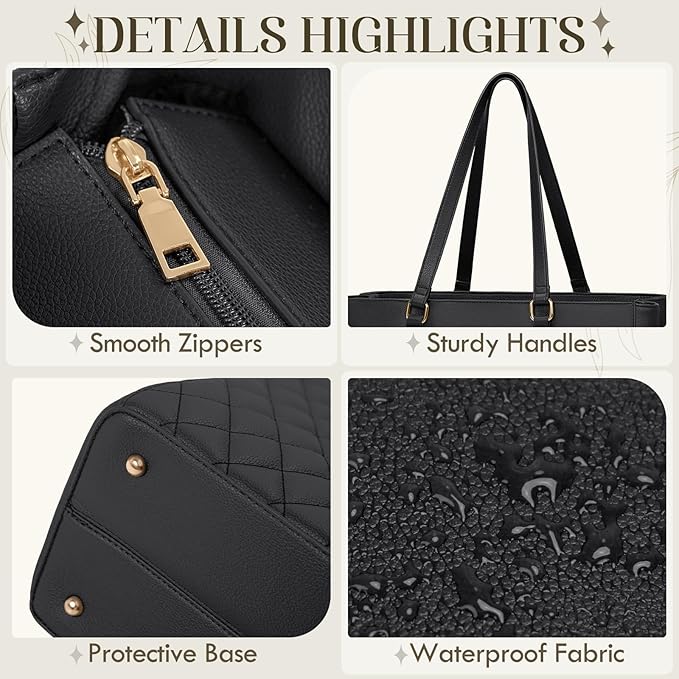 RAINSMORE Laptop Bag for Women 15.6 Inch Work Tote Bags Leather Laptop Tote Professional Laptop Purse Computer Handbag Womens Briefcase Tote with Clutch for Teacher Office Travel, Black