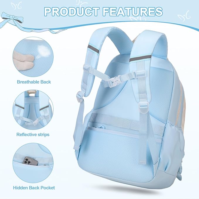 DIGOBAY Backpack for Girls, 3PCS Girls Backpack for School with Lunch Bag Pencil Case, Cute Kids Teens Bookbag for Kindergarten Elementary Preschool Middle School (Blue)