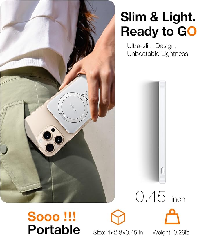 TORRAS 0.45" Slim Magnetic Portable Charger Power Bank for iPhone 5000 mAh 22.5W PD Fast Charging Wireless Battery Pack O-Stand Compatible with Magsafe Rose Gold+White
