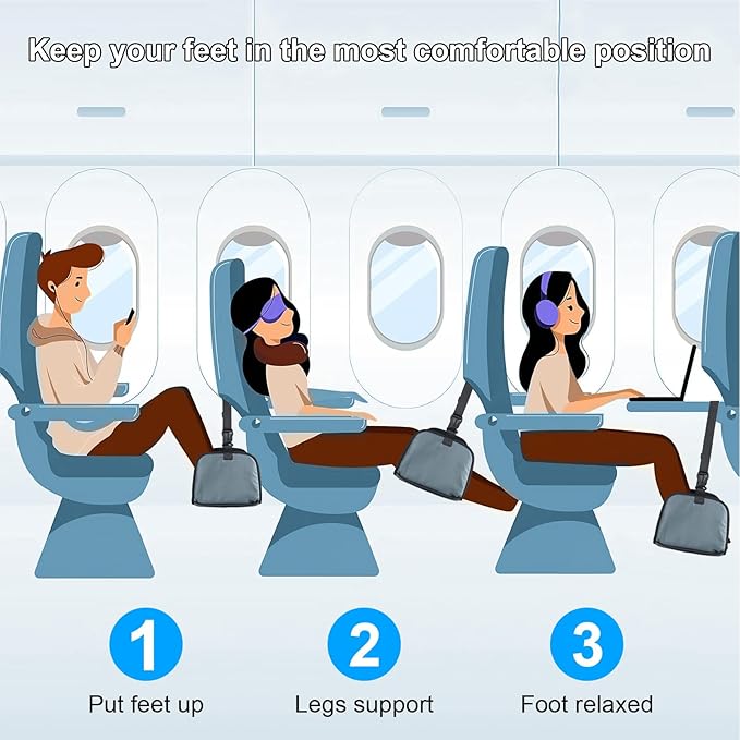 Foot Hammock Airplane, Memory Foam Footrest Under Desk with 2 Hanging Hooks, Adjustable Office Footstool Feet Rest Airplane Hammock Travel Footrest Plane Foot Sling for Gaming Long Flight, Grey