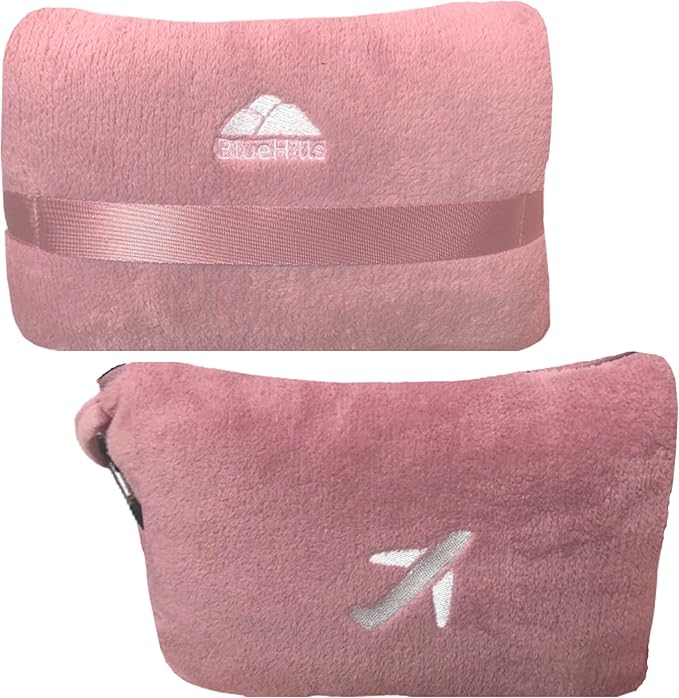 BlueHills Premium Soft Mini Plush Travel Blanket Value Pack Set of 2 - Airplane Travel Essential Flight Blanket Throw in a case with Strap Compact for Car Plane Travel Gift –Pink and Teal Blue.