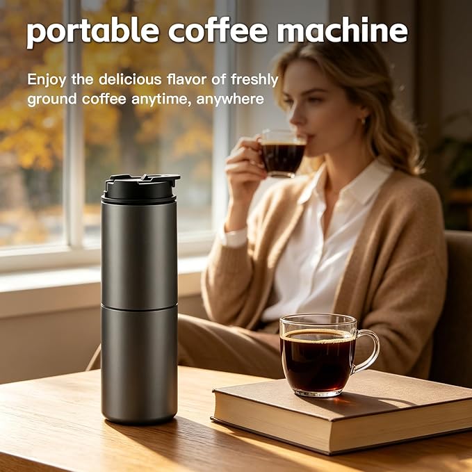 Portable All-in-One Coffee Maker with Grinder & Insulated Mug, Electric Grind & Brew Machine for Travel, Office and Camping