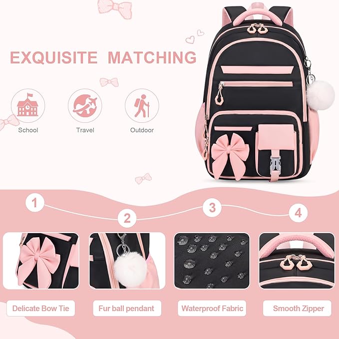 DIGOBAY Backpack for Girls, 3PCS Girls Backpack for School with Lunch Bag Pencil Case, Cute Kids Teens Bookbag for Kindergarten Elementary Preschool Middle School (Black-Pink)