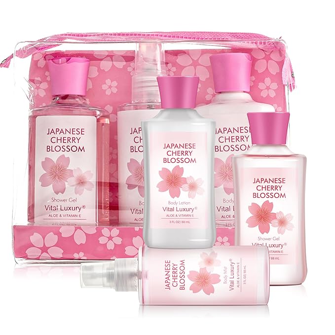 Bath and Body Travel Gift Set, 3pcs Travel Size Shower Gel Body Lotion Fragrance Mist Christmas Birthday Gift TSA-Friendly for On-the-Go Self-Care (3PCS, Japanese Cherry Blossom)