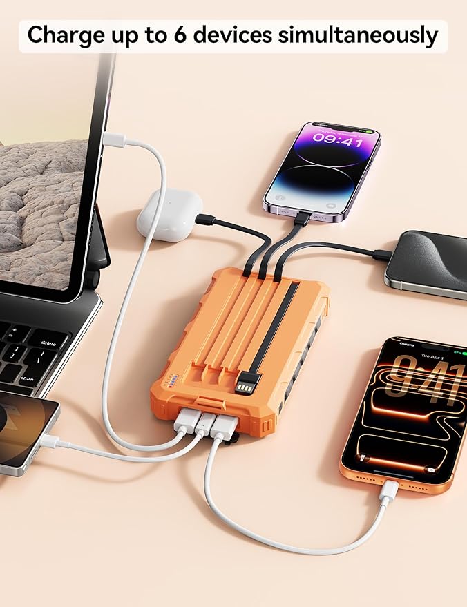 Solar-Charger-Power-Bank - 20000mah Solar Powered Battery Charger Cell Phone,20W Fast Charging Built in Cables,Camping Essentials Portable External Battery Pack Compatible with Multiple Devices