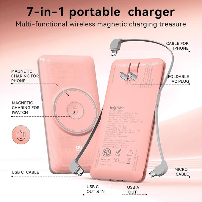 Magnetic 10000mAh Portable Charger for iWatch & iPhone, PD Fast Charging Wireless Power Bank Built-in Cables and Wall Plug, External Travel Battery Pack Compatible with iOS Android Phones