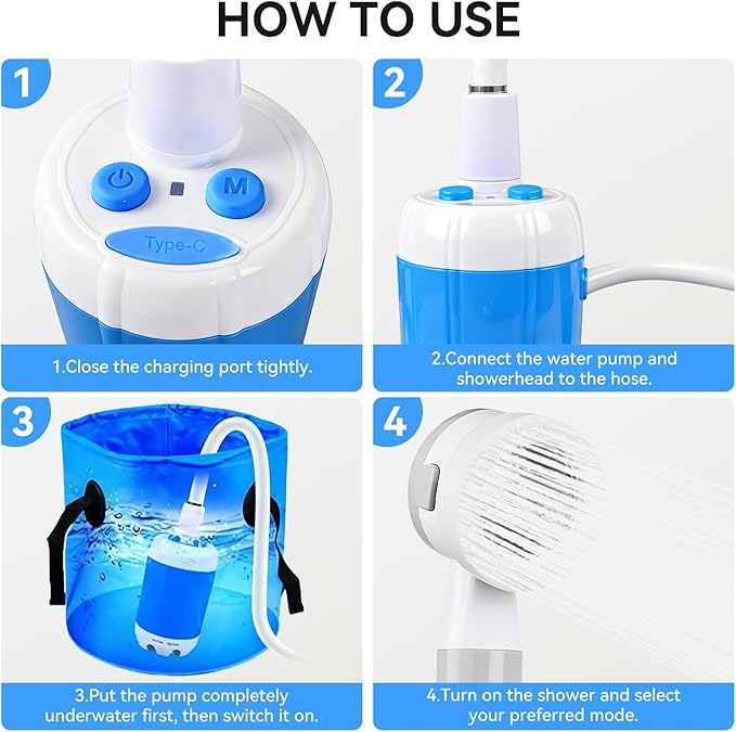 Portable Shower, Portable Camping Shower Pump, USB Rechargeable Outdoor Showers, Waterproof Electric Portable Shower with 2 Spray Modes, 4000mah, For Camping, Hiking, Rv & Pet Cleaning (1 PACK)