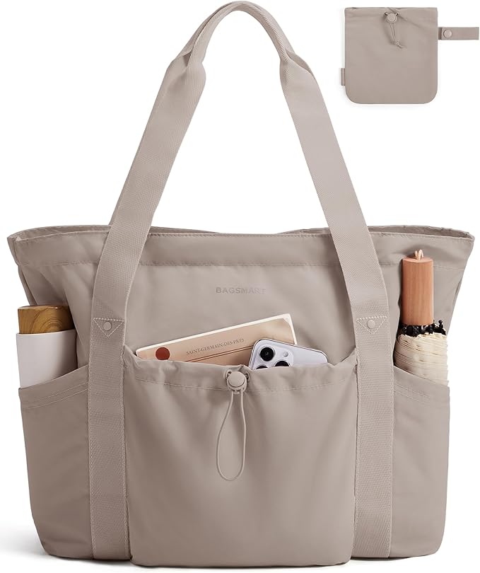 BAGSMART Foldable Tote Bag with Drawstring Bag, Tote Bag Shoulder Bag Top Handle Handbag for Travel, Work, Beach, Gym