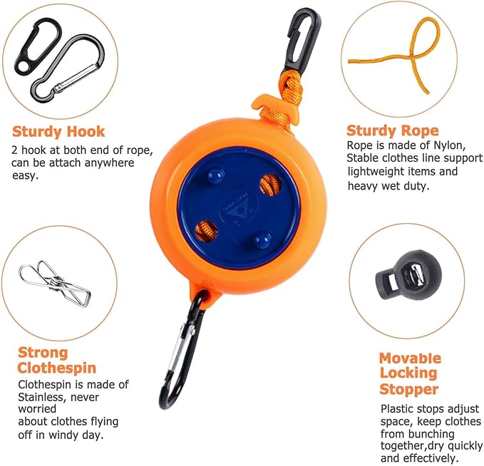 Retractable Camping Clothesline, Adjustable Travel Laundry Rope, Heavy Duty Washing Line with 20 Clothespins & 10 Stoppers for Indoor/Outdoor, Camping, Travel, Courtyard, 33ft (Orange 26ft)