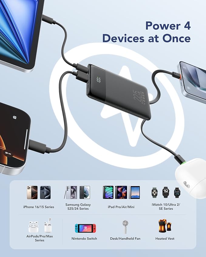 VEGER Portable Charger, Ultra Slim 22.5W Fast Charging with Built in Cable, Flight-Safe 10000mAh USB C Power Bank Battery Pack, Travel Essential Phone Powerbank for iPhone 17 16 Samsung S25 Google etc