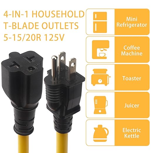 4-in-1 12AWG 15 Amp Household AC Plug to 20 Amp T Blade Adapter Cable, NEMA 5-15P to 5-20R/ 5-15R/ 6-20R/ 6-15R, 4 in 1 AC Adapter,15Amp 125V to 20Amp 250V Extension Cable, 1FT-Yellow