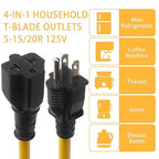 4-in-1 12AWG 15 Amp Household AC Plug to 20 Amp T Blade Adapter Cable, NEMA 5-15P to 5-20R/ 5-15R/ 6-20R/ 6-15R, 4 in 1 AC Adapter,15Amp 125V to 20Amp 250V Extension Cable, 1FT-Yellow
