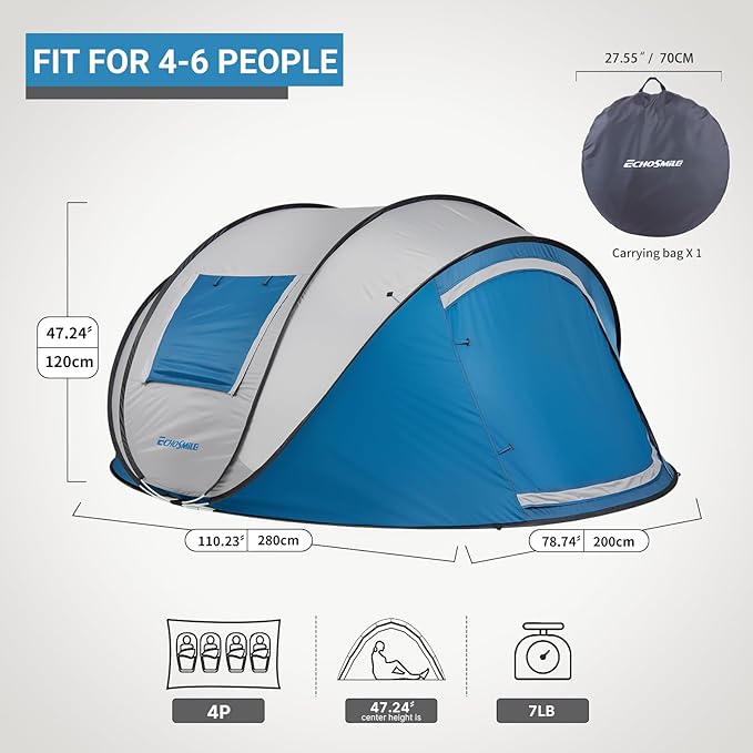 EchoSmile Pop Up Camping Tent, 2/4/6 Person Easy Setup Tent, Water Resistant Dome, Portable with Carry Bag