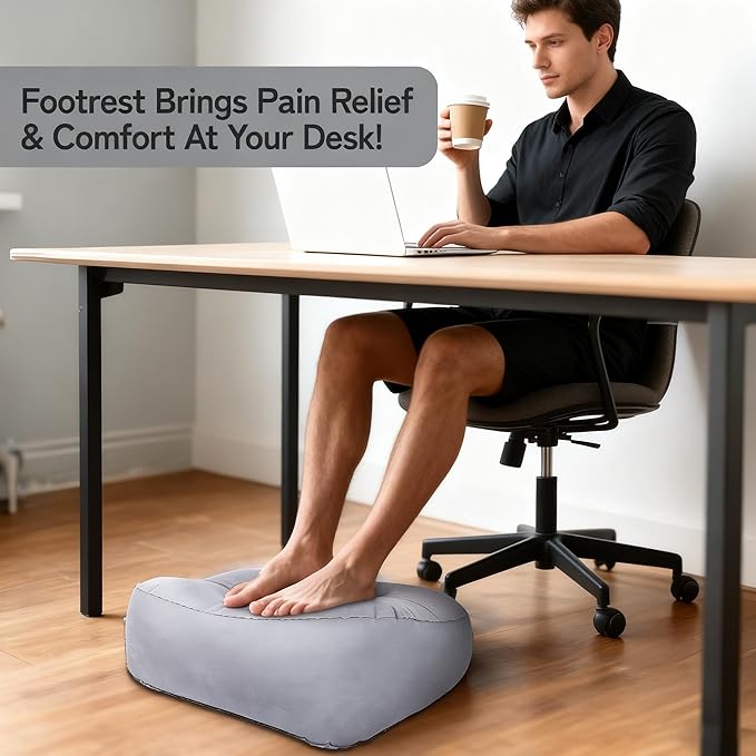 Inflatable Foot Rest for Travel, Soft Flocking Airplane Leg Rest Pillow, Portable Cushion Ottoman for Flights, Office, Home, Camping (Gray)