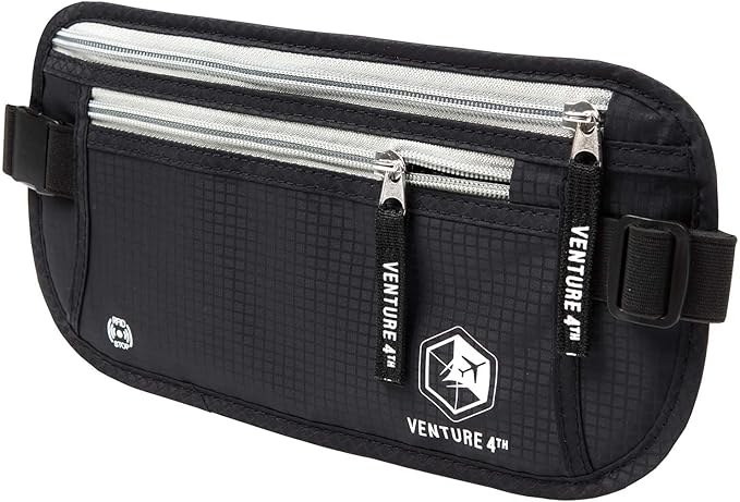 VENTURE 4TH RFID Money Belt for Travel with RFID Blocking Sleeves – Slim Hidden Travel Wallet & Passport Holder for Men & Women, Lightweight Anti-Theft Pouch to Protect Cash, Cards & Documents - Black