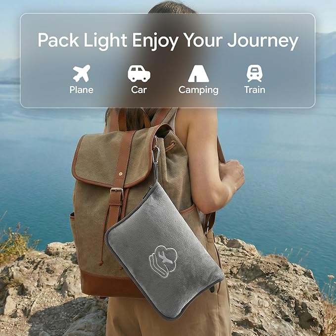 Travel Blanket, Soft 2-in-1 Airplane Blanket, 65x40 Inches, Travel Blanket Airplane Compact with Bag, Car Blanket with Luggage Sleeve & Backpack Clip (Light Grey)
