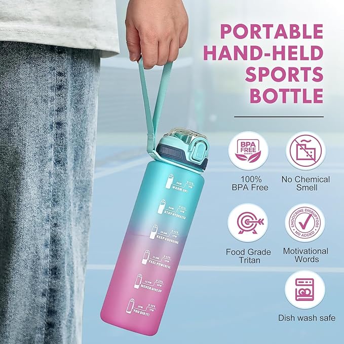 Water Bottle with Straw 1L,Boys Water Bottles with Straw 1 Litre,Waterbottle Leak-Proof Sports Water Bottle,Plastic Drinks Bottles Toxin Free，Bpa-Free (Cyan Pink)